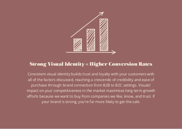 Strong Visual Identity = Higher Conversion Rates
Consistent visual identity builds trust and loyalty with your customers with
all of the factors discussed, reaching a crescendo of credibility and ease of
purchase through brand connection from B2B to B2C settings. Visuals’
impact on your competitiveness in the market maximises long term-growth
eﬀorts because we want to buy from companies we like, know, and trust. If
your brand is strong, you’re far more likely to get the sale.
 
