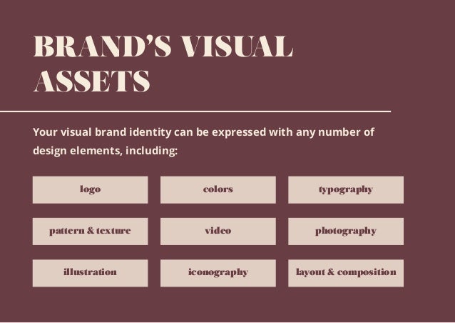 BRAND’S VISUAL
ASSETS
Your visual brand identity can be expressed with any number of
design elements, including:
logo
pattern & texture
illustration iconography layout & composition
video photography
colors typography
 