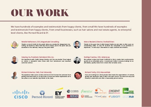 -
Natalie Nathanson, CEO, Magnetude Consulting
Thanks so much Crafty for the great video you created for Magnetude Con
sulting, we wanted a video that was short, simple, and to the point and you
exceeded on the delivery. Keep up the great work!
Marco Neubert, Director, Football Stars
Thanks to the guys from Crafty Design Studios we are able to offer users an
outstanding video. In only 90 seconds the complexity of our platform is
explained... It took only a few weeks to script, animate and finalize...
Richard Schecter, CMO, Post University
The explainer video saves us time and most of all it saves the customer from
getting frustrated with us, as they have a visual and verbal explanation all in
one place on our website, big thanks to the team.
Richard Tarity, CEO, NascentHub
If you are looking for a final product that meets the expectations of content,
quality and aesthetics then Crafty is the best choice. The team are easy and
friendly to work with and offer a reasonably priced service.
Rodrigo Fuentes, CEO, ListenLoop
We needed a video but found it difficult to find a studio that could provide
quality at an affordable price. I recommend Crafty to anyone looking for an
affordable, quality video from a team that actually cares...
Sanying Xu, President, Nutraland USA, Inc.
Our experience with Crafty Design Studios can't be any better! They helped
us create a wonderful sales video with fast turnaround and excellent
customer service.
OUR WORK
We have hundreds of examples and testimonials from happy clients, from small We have hundreds of examples
and testimonials from happy clients, from small businesses, such as hair salons and real estate agents, to enterprise
level clients, like Pernod Ricard & EY.
 