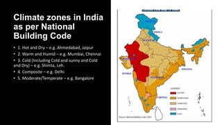 Climate zones in India
as per National
Building Code
• 1. Hot and Dry – e.g. Ahmedabad, Jaipur
• 2. Warm and Humid – e.g. Mumbai, Chennai
• 3. Cold (Including Cold and sunny and Cold
and Dry) – e.g. Shimla, Leh.
• 4. Composite – e.g. Delhi
• 5. Moderate/Temperate – e.g. Bangalore
 