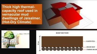 Thick high thermal-
capacity roof used in
vernacular mud
dwellings of Jaisalmer.
(Hot-Dry Climate)
 