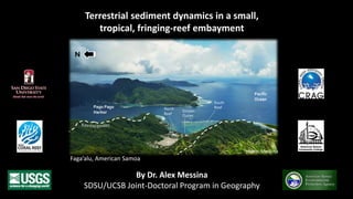 Terrestrial sediment dynamics in a small,
tropical, fringing-reef embayment
By Dr. Alex Messina
SDSU/UCSB Joint-Doctoral Program in Geography
photo: Messina
N
Pago Pago
Harbor
Pacific
Ocean
South
ReefNorth
Reef
Stream
Outlet
Faga’alu, American Samoa
 