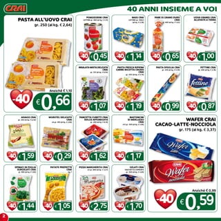 2
40 anni insieme a voi
MAIS CRAI
LATTINA gr. 160x3
(al kg. € 2,38)
€
1,14
Anziché € 1,90
pane di grano duro
crai
gr. 400 (al kg. € 1,63)
€
0,65
Anziché € 1,09
PASTA FRESCA RIPIENA
CARNE-RICOTTA-CRUDO
CRAI
gr. 250 (al kg. € 4,76)
€
1,19
Anziché € 1,98
PASTA SFOGLIA CRAI
gr. 230 (al kg. € 4,30)
€
0,99
Anziché € 1,65
FETTINE CRAI
gr. 200 (al kg. € 2,18)
€
0,87
Anziché € 1,45
ASIAGO CRAI
gr. 250 (al kg. € 6,36)
€
1,59
Anziché € 2,65
WURSTEL DELICATO
CRAI
x4 gr. 100 (al kg. € 2,90)
€
0,29
Anziché € 0,48
PANCETTA CUBETTI CRAI
DOLCE-AFFUMICATA
gr. 200 (al kg. € 8,10)
€
1,62
Anziché € 2,70
BASTONCINI
DI MERLUZZO
CRAI
x12 gr. 300 (al kg. € 3,90)
€
1,17
Anziché € 1,95
spinaci in foglia
surgelati crai
gr. 900 (al kg. € 1,60)
€
1,44
Anziché € 2,40
PATATE PREFRITTE
CRAI
kg. 1
€
1,05
Anziché € 1,75
pizza margherita crai
x3 gr. 840 (al kg. € 3,27)
€
2,75
Anziché € 4,59
GELATI CRAI
VASCHETTA COPRENTE
gr. 500 (al kg. € 3,40)
€
1,70
Anziché € 2,85
WAFER CRAI
CACAO-LATTE-NOCCIOLA
gr. 175 (al kg. € 3,37)
€
0,59
Anziché € 0,99
POMODORINI CRAI
LATTINA gr. 400 (al kg. € 1,13)
€
0,45
Anziché € 0,76
pasta all’uovo crai
gr. 250 (al kg. € 2,64)
€
0,66
Anziché € 1,10
UOVA GRANDI CRAI
ALLEVATE A TERRA
x6
€
1,00
Anziché € 1,67
INSALATA MISTA DELICATA
CRAI
gr. 125 (al kg. € 8,56)
€
1,07
Anziché € 1,78
 