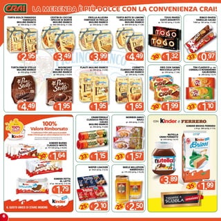 6
la merenda è più dolce con la convenienza crai!
TORTA DOLCE PARADISO
-VARIEGATA
MULINO BIANCO
gr. 400 (al kg. € 7,38)
€
2,95
CESTIN DI COCCHE
-SPICCHI DI BONTà
MULINO BIANCO
gr. 460-500 (al kg. € 7,59)
€
3,49
FROLLA ALLEGRA
-FANTASIE DI FROLLA
MULINO BIANCO
gr. 500 (al kg. € 7,98)
€
3,99
TORTA PAN DI STELLE
MULINO BIANCO
gr. 450 (al kg. € 9,98)
€
4,49
TORTA NOTE DI LIMONE
-DELIZIOSA AL CACAO
MULINO BIANCO
gr. 600-650 (al kg. € 7,48)
€
4,49
MOONCAKE
PAN DI STELLE
MULINO BIANCO
gr. 140 (al kg. € 13,93)
€
1,95
CORNETTI
CLASSICI-INTEGRALI
MULINO BIANCO
gr. 240 (al kg. € 6,88)
€
1,65
TOGO PAVESI
GUSTI ASSORTITI
gr. 110-120 (al kg. € 12,00)
€
1,32
Anziché € 1,89
30
%
-
RINGO PAVESI
VANIGLIA-CACAO
TUBO gr. 165 (al kg. € 5,88)
€
0,97
Anziché € 1,45
33
%
-
ORO CIOK SAIWA
NOCCIOLA-LATTE
gr. 250 (al kg. € 7,96)
€
1,99
Anziché € 2,85
30
%
-
TRA CLASSICO gr. 180
-CEREALI E ROSMARINO
GALBUSERA
gr. 200 (al kg. € 6,11)
€
1,10
Anziché € 1,65
33
%
-
KINDER FETTA
AL LATTE
x5 gr. 140 (al kg. € 12,79)
€
1,79
KINDER BUENO
CLASSICO-WHITE
gr. 117-129 (al kg. € 14,02)
€
1,64
Anziché € 2,34
30
%
-
GRANCEREALE
CLASSICO-FRUTTA
-CACAO
MULINO BIANCO
gr. 250 (al kg. € 4,60)
€
1,15
Anziché € 1,72
33
%
-
MORBIDI AMICI
BAULI
gr. 264 (al kg. € 5,95)
€
1,57
Anziché € 2,35
33
%
-
WAFER LOACKER
gr. 45x5 (al kg. € 9,33)
€
2,10
Anziché € 2,80
25
%
-
MIELE MILLEFIORI
AMBROSOLI
gr. 175-250 (al kg. € 14,29)
€
2,50
Anziché € 3,45
25
%
-
KINDER BRIOSS FERRERO
x 10 gr. 280 (al kg. € 7,11)
€
1,99
Anziché € 3,15
35
%
-
NUTELLA
GRAN FORMATO
gr. 630 (al kg. € 6,17)
€
3,89
FLAUTI MULINO BIANCO
gr. 280 (al kg. € 6,96)
€
1,95
 