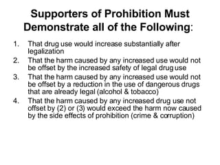 Supporters of Prohibition Must Demonstrate all of the Following :   That drug use would increase substantially after legalization That the harm caused by any increased use would not be offset by the increased safety of legal drug use That the harm caused by any increased use would not be offset by a reduction in the use of dangerous drugs that are already legal (alcohol & tobacco) That the harm caused by any increased drug use not offset by (2) or (3) would exceed the harm now caused by the side effects of prohibition (crime & corruption) 