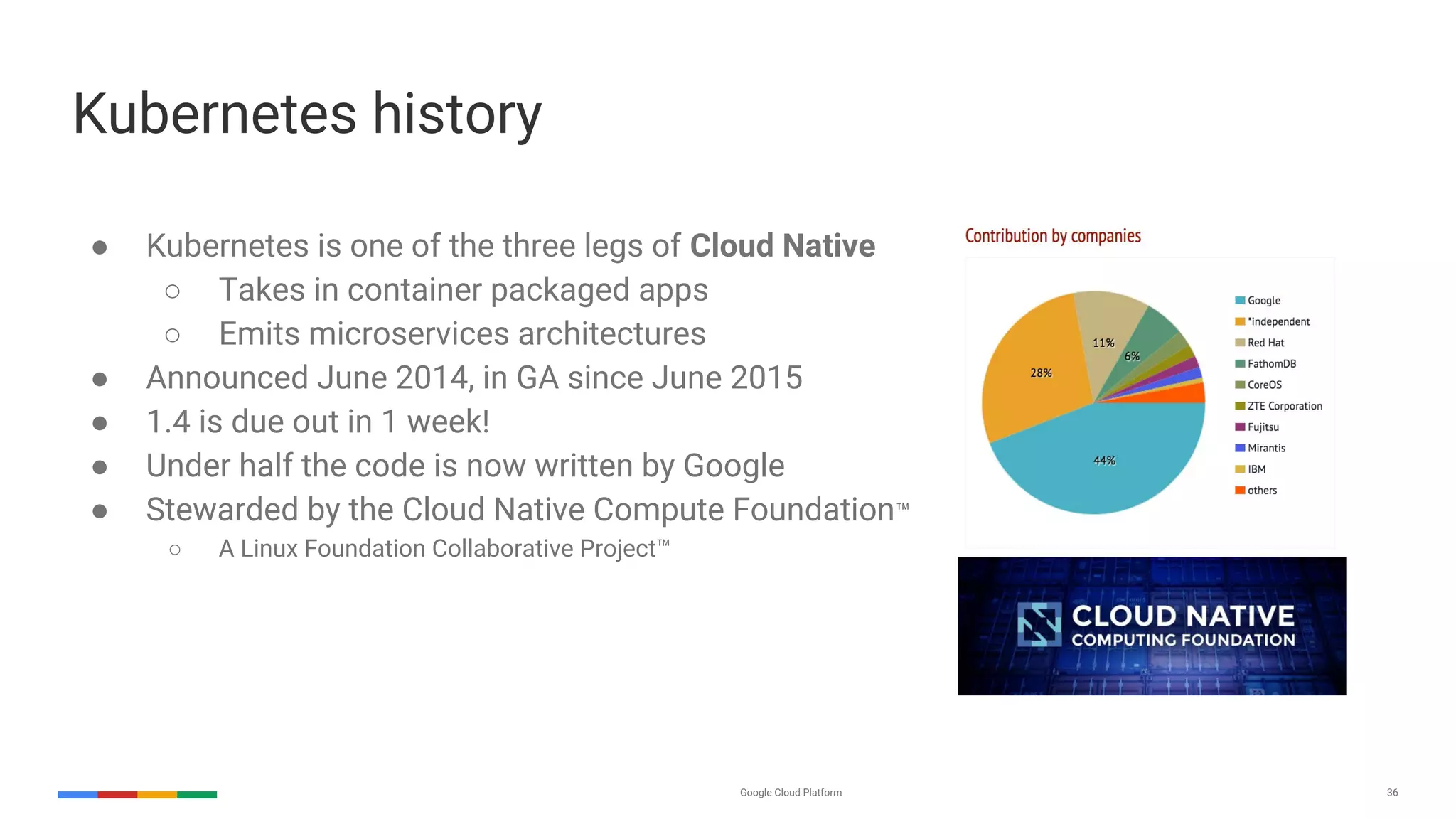 Google Cloud Platform 36
● Kubernetes is one of the three legs of Cloud Native
○ Takes in container packaged apps
○ Emits microservices architectures
● Announced June 2014, in GA since June 2015
● 1.4 is due out in 1 week!
● Under half the code is now written by Google
● Stewarded by the Cloud Native Compute Foundation™
○ A Linux Foundation Collaborative Project™
Kubernetes history
 