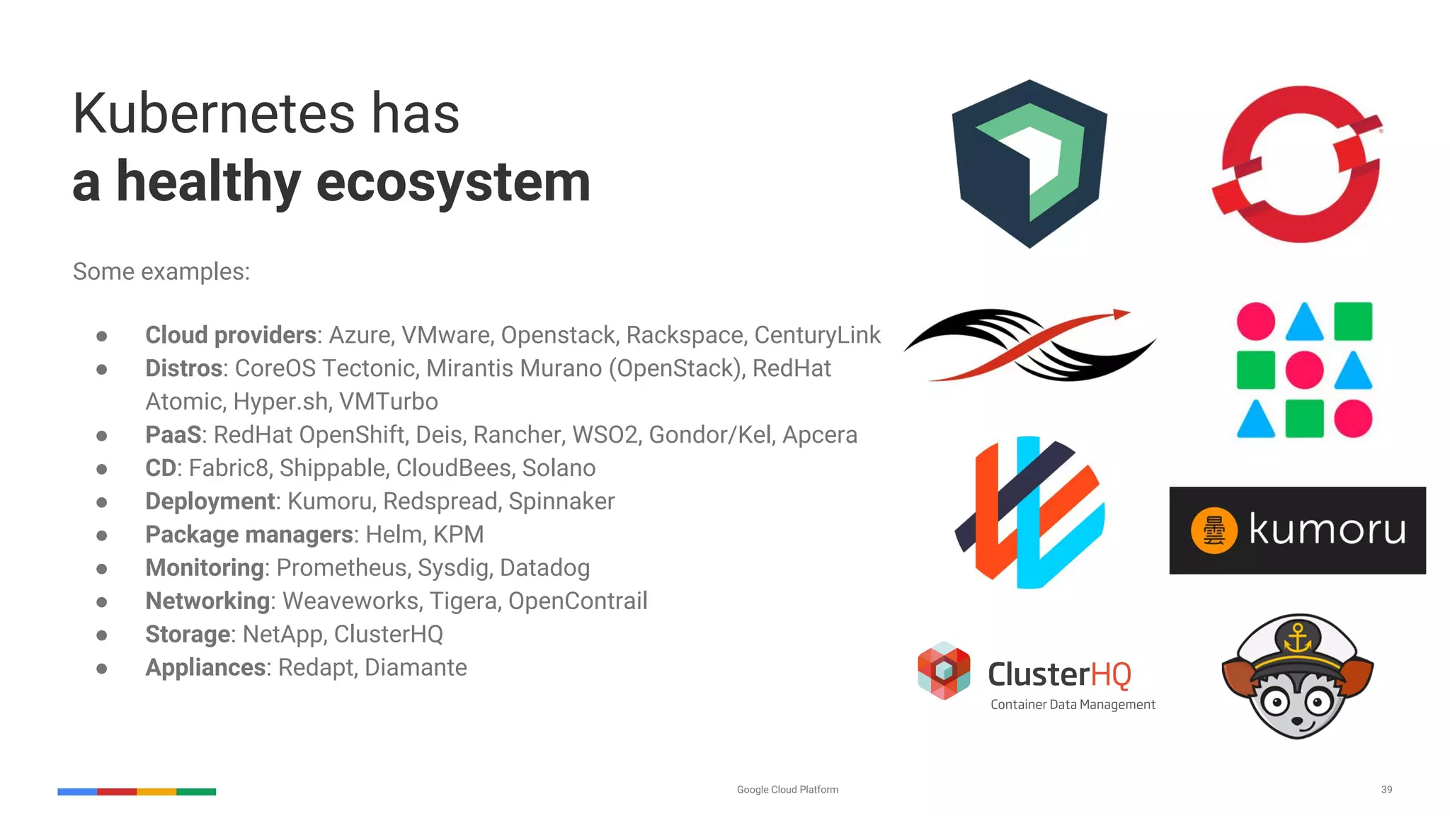 Google Cloud Platform 39
Kubernetes has
a healthy ecosystem
Some examples:
● Cloud providers: Azure, VMware, Openstack, Rackspace, CenturyLink
● Distros: CoreOS Tectonic, Mirantis Murano (OpenStack), RedHat
Atomic, Hyper.sh, VMTurbo
● PaaS: RedHat OpenShift, Deis, Rancher, WSO2, Gondor/Kel, Apcera
● CD: Fabric8, Shippable, CloudBees, Solano
● Deployment: Kumoru, Redspread, Spinnaker
● Package managers: Helm, KPM
● Monitoring: Prometheus, Sysdig, Datadog
● Networking: Weaveworks, Tigera, OpenContrail
● Storage: NetApp, ClusterHQ
● Appliances: Redapt, Diamante
 