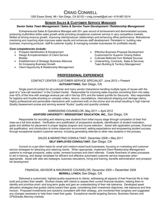 Page 1 of 2
LESLIE CRAIG CONWELL, JR.
1265 Essex Street, #8 • San Diego, CA 92103 • 619-987-5514 • craig.conwell@att.net
SUMMARY
Entrepreneurial Sales & Operations Manager with 20+ year record of achievement and demonstrated
success in producing multimillion-dollar sales growth while leading teams providing exceptional customer
service in very competitive markets. Proven abilities in driving revenue growth while managing expenses,
improving customer/vendor/referral relationships, and enhancing staff performance by incorporating
motivational mentoring and coaching styles. Accomplished in change and process management,
improving vendor, staff & customer loyalty, and in managing complex businesses for profitable results.
Prospect & Process Identification &
Development
Design & Implementation of Sales &
Customer Service Operational
Models
Establishment of Strategic Business
Alliances for Increasing Business
Growth
Customer & Vendor Opportunity &
Relationship Management
EXPERIENCE
AUTOANYTHING / AUTOZONE, San Diego, CA 2012 – Present
Contact Center Sales & Customer Service Specialist
Rapid-response team member responsible for providing on-demand support in dynamic call center with
high variability and volume of incoming calls.
Single point-of-contact for all customer and many vendor interactions handling multiple types of
issues with the goal of a “one-call resolution” in the Contact Center.
Responsible for incoming phone and Chat sales inquiries converting them into sales over 42% of
the time with average revenue per contact in the top 20% and the lowest quintile for discounts,
cancellations and returns.
Supply chain logistics, product data management, trouble-shooting on complex orders, returns,
cancellations, international shipping and damage claims.
Quality Assurance monitoring and improvement for increased productivity and profitability of calls.
ASHFORD UNIVERSITY / BRIDGEPOINT EDUCATION, INC., San Diego, CA 2011 – 2012
Admissions Counselor
Recruited and retained new Undergraduate students from initial inquiry stage through completion of their
first class as a full time student.
Verification and qualification of prospective students, identification of student motivation, goals
and abilities for placement in proper degree program and course selection.
Assist with application process, financial aid qualification, and introduction to online classroom
environment, setting expectations and empowering student success through exceptional student
customer service, including generating referrals to other new students in the process.
SELF EMPLOYED CONSULTANT, San Diego, CA 2008 – 2011
Sales & Marketing Consultant
Consulted on a per-diem basis for small and medium-sized local businesses, focusing on marketing and
customer service strategies for attracting and retaining clients during a lengthy recession.
When appropriate, implemented Client Relationship Management systems to manage prospects,
sales cycles, renewal business and client referrals.
Created flowcharts of sales processes to aid in training, and designed templates for efficient and
effective automated customer service responses as needed.
Assisted with web site redesigns, business relocations, hiring and training, benefits administration
and prospect list development.
 