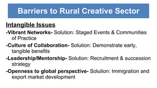 Barriers to Rural Creative Sector Intangible Issues -Vibrant Networks- Solution: Staged Events & Communities of Practice -Culture of Collaboration- Solution: Demonstrate early, tangible benefits -Leadership/Mentorship- Solution: Recruitment & succession strategy -Openness to global perspective- Solution: Immigration and export market development