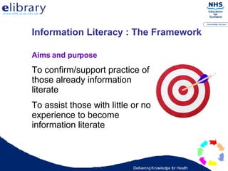 Aims and purpose To confirm/support practice of those already information literate To assist those with little or no experience to become information literate Information Literacy : The Framework   