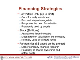 Financing Strategies 
• Convertible Debt (up to $2M) 
o Good for early investment 
o Fast and simple to negotiate 
o Postpones the need for valuation 
o Frequently used by angels 
• Stock ($Millions) 
o Attractive to large investors 
o Must agree on valuation of the company 
o Normally used by venture funds 
• Partnerships ($$ based on the project) 
o Larger company finances research 
o Possibility of shared ownership and 
patent rights 
 