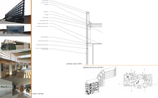 Aluminum parapet flashing

                               Built-up steel C-channel parapet

                                              EPDM membrame




                                           Rigid insulation layer



                                              Concrete topping



                                      Corregated steel decking



                          Deep long span opem-web bar girder



                Monopan panels suspended from roof structure



          Steel tubing top plate fastened to girder and columns




                               Stainless steel mounting bracket




                 Steel WF column for lateral support for facade




       Exterior Monopan Panels (weather-proofing membrane)



      Stainless steel vertical bar-grate rain screem hung from
                                    laterally bracing WF columns




                                                                    wall detail, summer 2009>>

                                                                                                 beginning revit exercise, fall 2007>>




<<project renderings
 