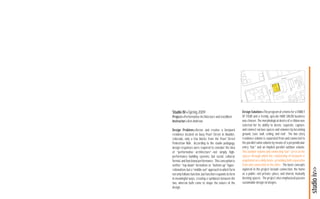 Street
                                                                                            Pearl




                                                                                 20th
                                                                                  Street
                                                           n



Studio IV>>Spring 2009                                     Design Solution>>The program of a home for a FAMILY
Project>>Performative Architecture and Live|Work           OF FOUR and a trendy, upscale HAIR SALON business
Instructor>>Ken Andrews                                    was chosen. The morphological device of a ribbon was
                                                           selected for its ability to deﬁne, separate, capture,
Design Problem>>Deﬁne and resolve a live|work              and connect various spaces and volumes by becoming
residence located on busy Pearl Street in Boulder,         ground, ﬂoor, wall, ceiling, and roof. The two story
Colorado, only a few blocks from the Pearl Street          residence volume is separated from and connected to
Pedestrian Mall. According to the studio pedagogy,         the parallel salon volume by means of a perpendicular
design responses were required to consider the idea        entry “bar” and an implied parallel outdoor volume.
of “performative architecture”--not simply high-           This outdoor volume and connecting “bar” serve as the
performance building systems, but social, cultural,        spaces through which the relationship of live|work is
formal, and functional performance. This conception is     negotiated on a daily basis--providing both separation
neither “top-down” formalism or “bottom-up” hyper-         from and connection to the other. The basic concepts
                                                           explored in the project include connection, the home




                                                                                                                    studio iv>>
rationalism, but a “middle-out” approach in which form
not only follows function, but function responds to form   as a pubilc--not private--place, and shared, mutually
in meaningful ways, creating a symbiosis between the       deﬁning spaces. The project also emphasized passive
two, wherein both come to shape the nature of the          sustainable design strategies.
design.
 
