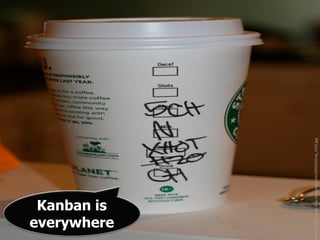 Kanban is
    everywhere




Image: http://jsmw.files.wordpress.com/2009/09/img_4242.jpg
 