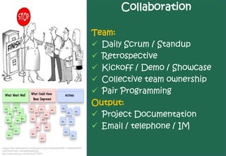 Collaboration

                                                                              Team:
                                                                               Daily Scrum / Standup
                                                                               Retrospective
                                                                               Kickoff / Demo / Showcase
                                                                               Collective team ownership
                                                                               Pair Programming
                                                                              Output:
                                                                               Project Documentation
                                                                               Email / telephone / IM

Images http://fabiopereira.me/blog/wp-content/uploads/2008/11/walldc93a7f3-
2d9d-4525-8301-d40ad993e66f.jpg
http://www.idea.gov.uk/idk/aio/8172457
 