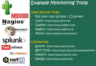 Example Monitoring Tools

Open Source / Free:
 Roll your own (scripts / CI server)
 Cacti: http://www.cacti.net
 Zabbix: http://www.zabbix.com
 Nagios: http://www.nagios.org
 Monit: http://mmonit.com/monit/

Commercial:
 Splunk: http://www.splunk.com
 IBM Tivoli: http://www.ibm.com/software/tivoli
 Hyperic: http://www.hyperic.com
 NetIQ: http://www.netiq.com
 