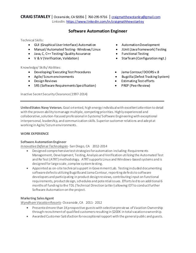 craig stanley software automation engineer resume