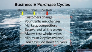 Business & Purchase Cycles 
@OptimiseOrDie 
Start Test Finish Avg Cycle 
• Customers change 
• Your traffic mix changes 
• Markets, competitors 
• Be aware of all the waves 
• Always test whole cycles 
• Minimum 2 cycles (wk/mo) 
• Don’t exclude slower buyers 
 