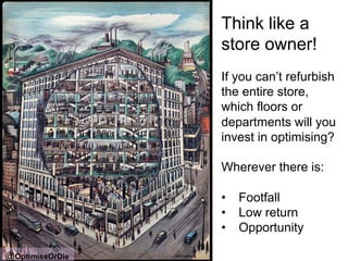 Think like a 
store owner! 
If you can’t refurbish 
the entire store, 
which floors or 
departments will you 
invest in optimising? 
Wherever there is: 
• Footfall 
• Low return 
• Opportunity 
@OptimiseOrDie 
 