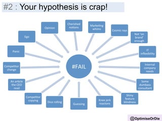 #2 : Your hypothesis is crap! 
Insight 
-­‐ 
Inputs 
#FAIL 
CompeBtor 
copying 
Dice 
rolling 
Guessing 
Panic 
CompeBtor 
change 
An 
arBcle 
the 
CEO 
read 
Ego 
Opinion 
Cherished 
noBons 
MarkeBng 
whims 
Cosmic 
rays 
Not 
‘on 
brand’ 
enough 
IT 
inflexibility 
Internal 
company 
needs 
Some 
dumbass 
consultant 
Shiny 
feature 
Knee 
jerk 
blindness 
reactons 
@OptimiseOrDie 
 
