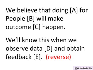We 
believe 
that 
doing 
[A] 
for 
People 
[B] 
will 
make 
outcome 
[C] 
happen. 
We’ll 
know 
this 
when 
we 
observe 
data 
[D] 
and 
obtain 
feedback 
[E]. 
(reverse) 
@OptimiseOrDie 
 