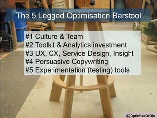 The 5 Legged Optimisation Barstool 
#1 Culture & Team 
#2 Toolkit & Analytics investment 
#3 UX, CX, Service Design, Insight 
#4 Persuasive Copywriting 
#5 Experimentation (testing) tools 
@OptimiseOrDie 
 