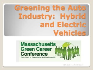 Greening the Auto
Industry: Hybrid
and Electric
Vehicles
Automotive Aftermarket Products Expo
2011AutomotAutomotive

ACDC 2013 www.fixhybrid.com

 