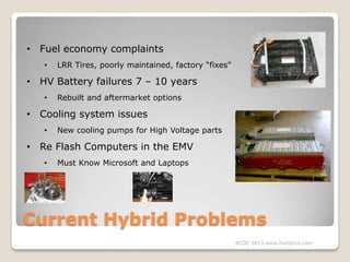 • Fuel economy complaints
•

LRR Tires, poorly maintained, factory “fixes”

• HV Battery failures 7 – 10 years
•

Rebuilt ...