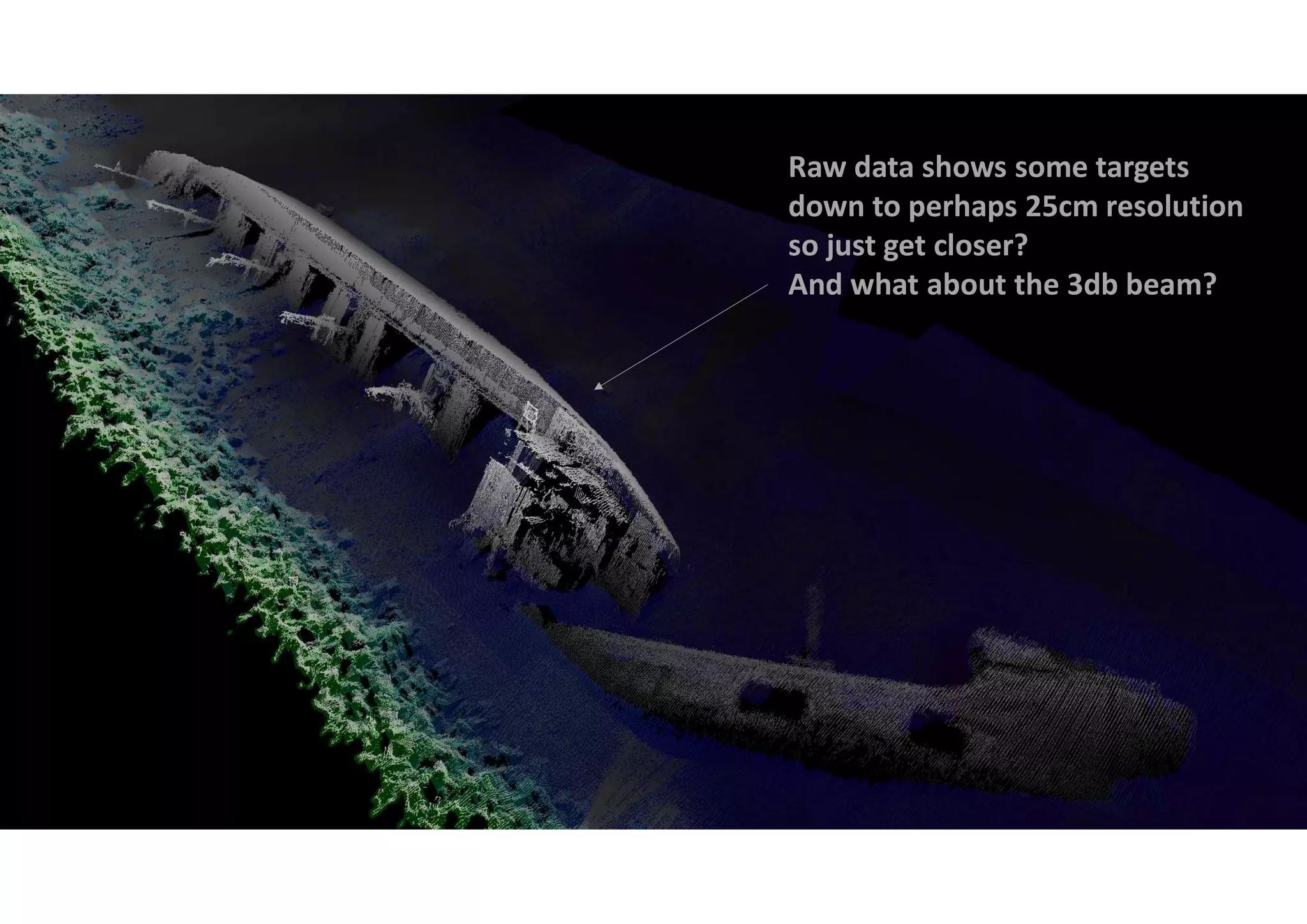 Multibeam Echosounder or MBES
Raw data shows some targets
down to perhaps 25cm resolution
so just get closer?
And what about the 3db beam?
 