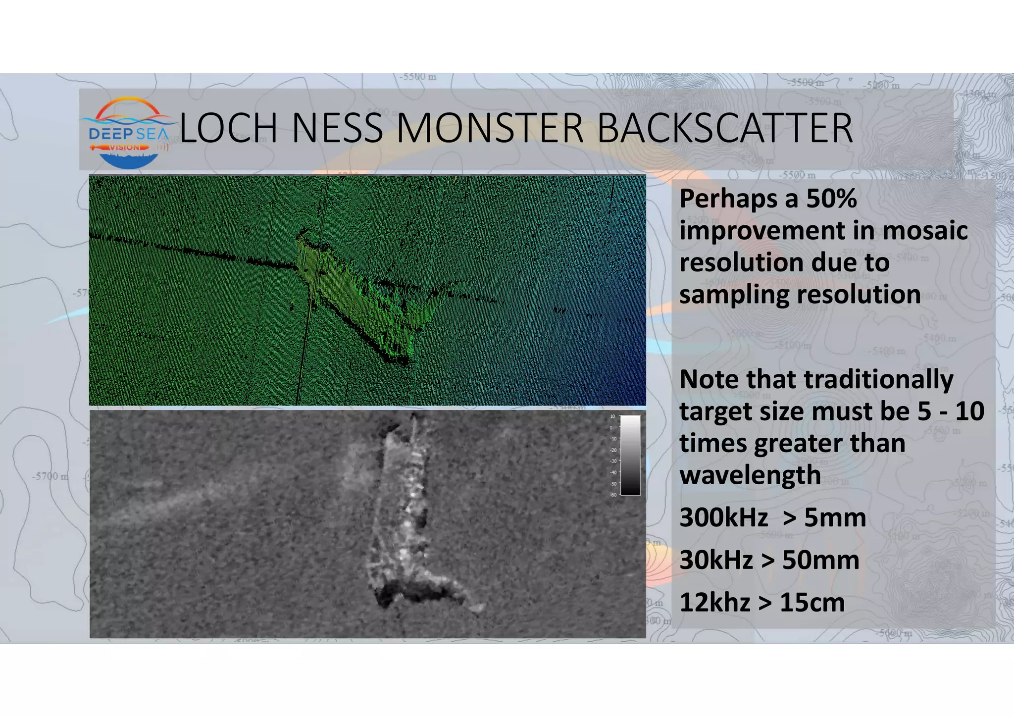 LOCH NESS MONSTER BACKSCATTER
Perhaps a 50%
improvement in mosaic
resolution due to
sampling resolution
Note that traditionally
target size must be 5 - 10
times greater than
wavelength
300kHz > 5mm
30kHz > 50mm
12khz > 15cm
 