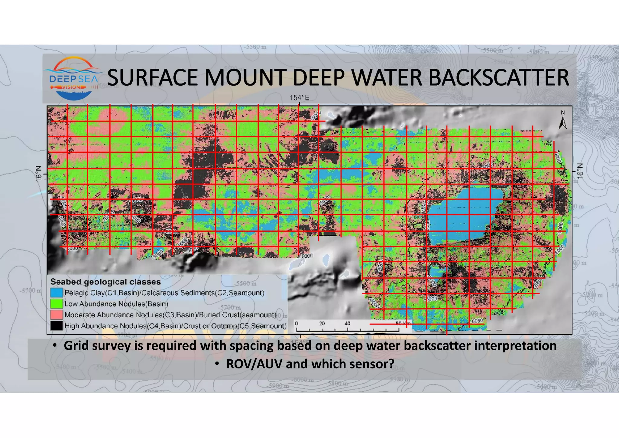 SURFACE MOUNT DEEP WATER BACKSCATTER
• Grid survey is required with spacing based on deep water backscatter interpretation
• ROV/AUV and which sensor?
 