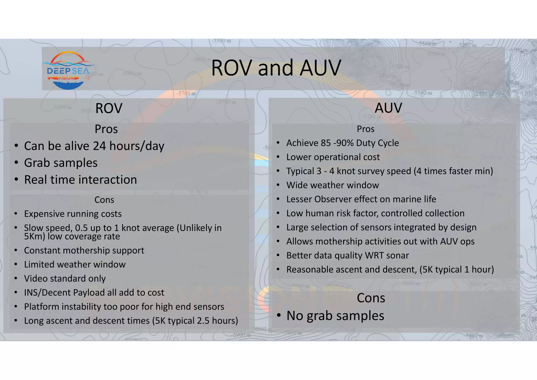 ROV
ROV and AUV
Pros
• Can be alive 24 hours/day
• Grab samples
• Real time interaction
Cons
• Expensive running costs
• Slow speed, 0.5 up to 1 knot average (Unlikely in
5Km) low coverage rate
• Constant mothership support
• Limited weather window
• Video standard only
• INS/Decent Payload all add to cost
• Platform instability too poor for high end sensors
• Long ascent and descent times (5K typical 2.5 hours)
AUV
Pros
• Achieve 85 -90% Duty Cycle
• Lower operational cost
• Typical 3 - 4 knot survey speed (4 times faster min)
• Wide weather window
• Lesser Observer effect on marine life
• Low human risk factor, controlled collection
• Large selection of sensors integrated by design
• Allows mothership activities out with AUV ops
• Better data quality WRT sonar
• Reasonable ascent and descent, (5K typical 1 hour)
Cons
• No grab samples
 