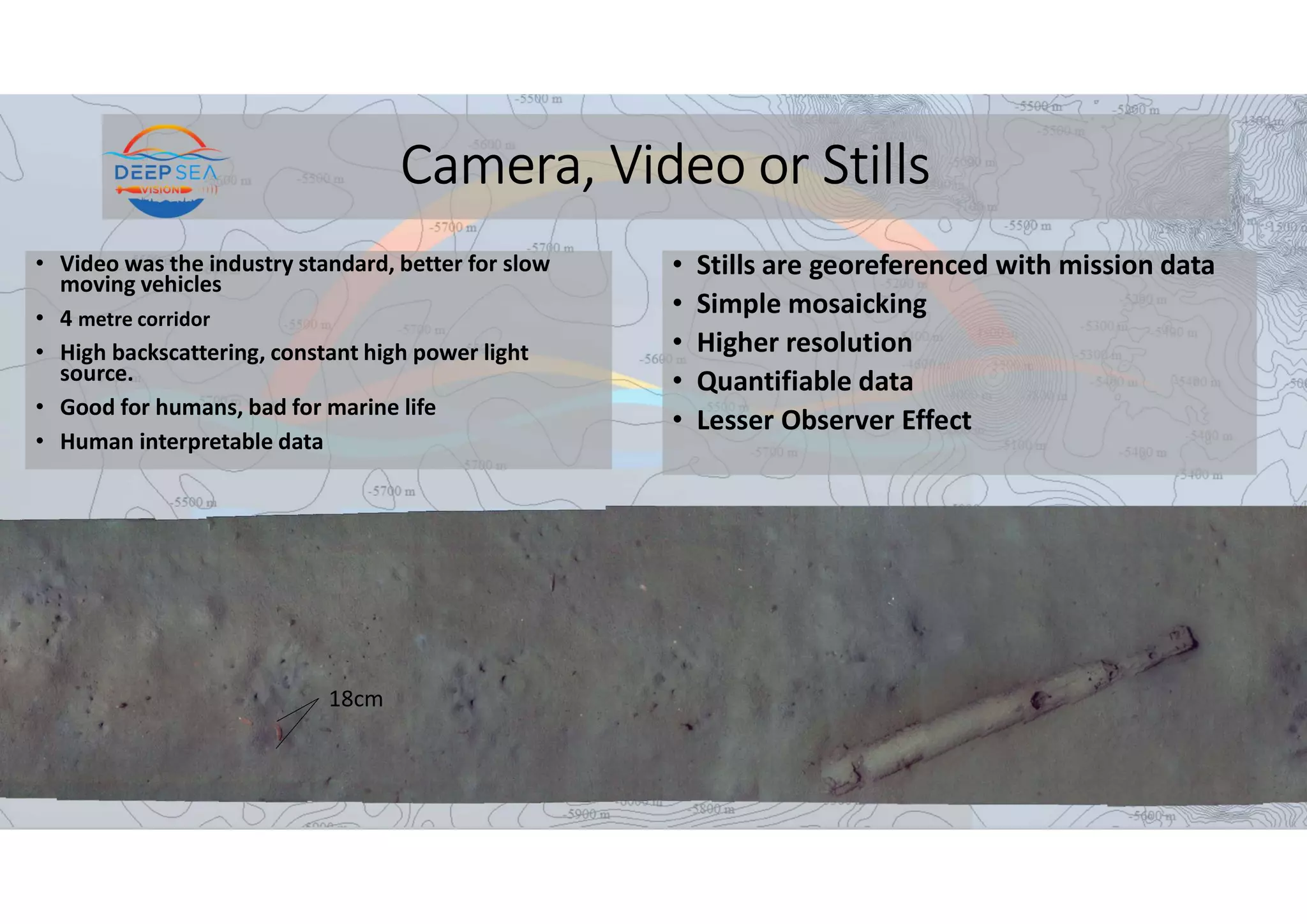 Camera, Video or Stills
• Video was the industry standard, better for slow
moving vehicles
• 4 metre corridor
• High backscattering, constant high power light
source.
• Good for humans, bad for marine life
• Human interpretable data
• Stills are georeferenced with mission data
• Simple mosaicking
• Higher resolution
• Quantifiable data
• Lesser Observer Effect
18cm
 