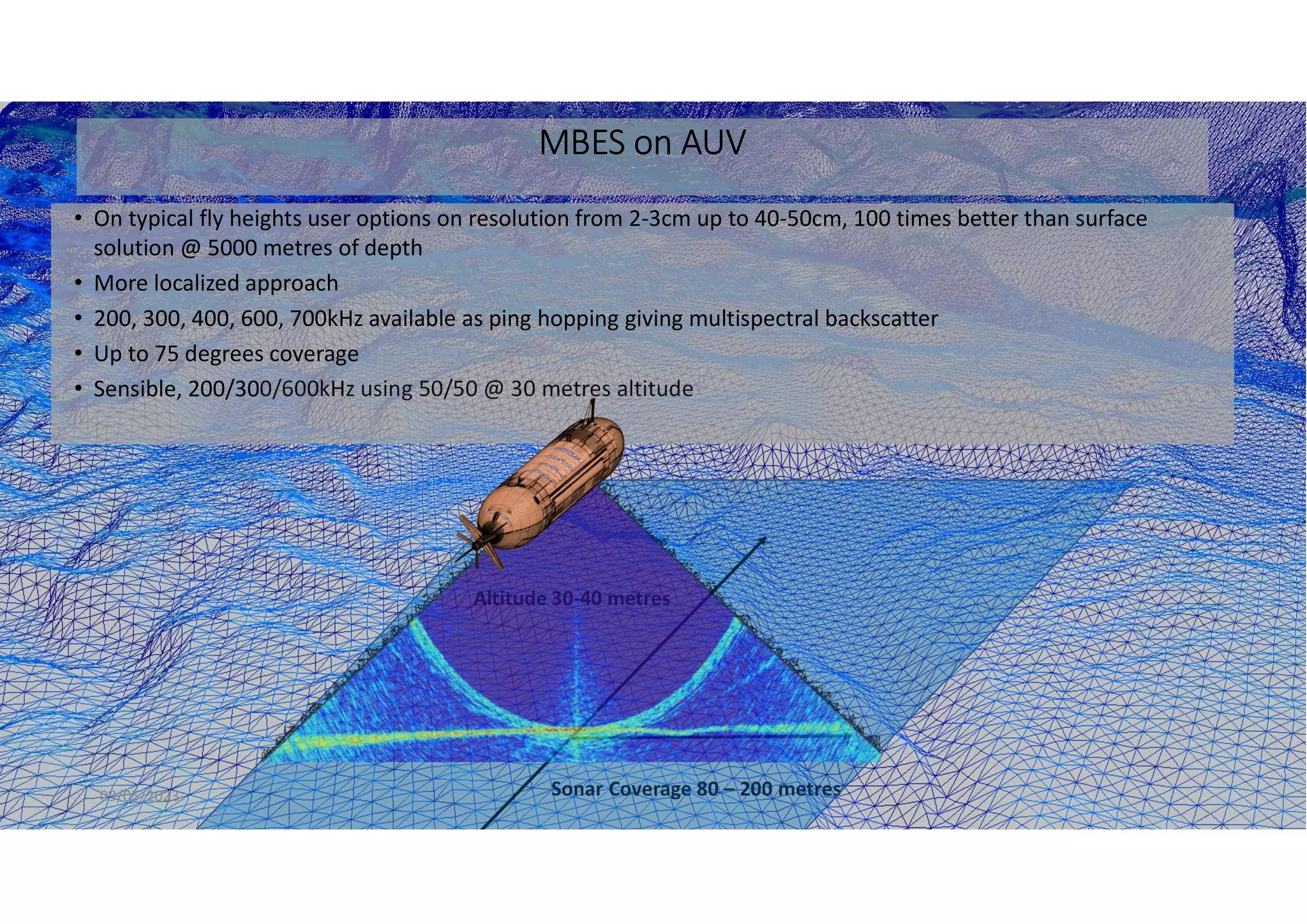 09/05/2023
• On typical fly heights user options on resolution from 2-3cm up to 40-50cm, 100 times better than surface
solution @ 5000 metres of depth
• More localized approach
• 200, 300, 400, 600, 700kHz available as ping hopping giving multispectral backscatter
• Up to 75 degrees coverage
• Sensible, 200/300/600kHz using 50/50 @ 30 metres altitude
Altitude 30-40 metres
MBES on AUV
Sonar Coverage 80 – 200 metres
 