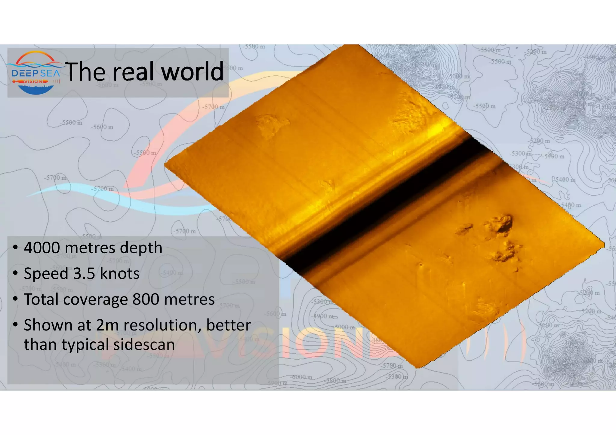 The real world
• 4000 metres depth
• Speed 3.5 knots
• Total coverage 800 metres
• Shown at 2m resolution, better
than typical sidescan
 