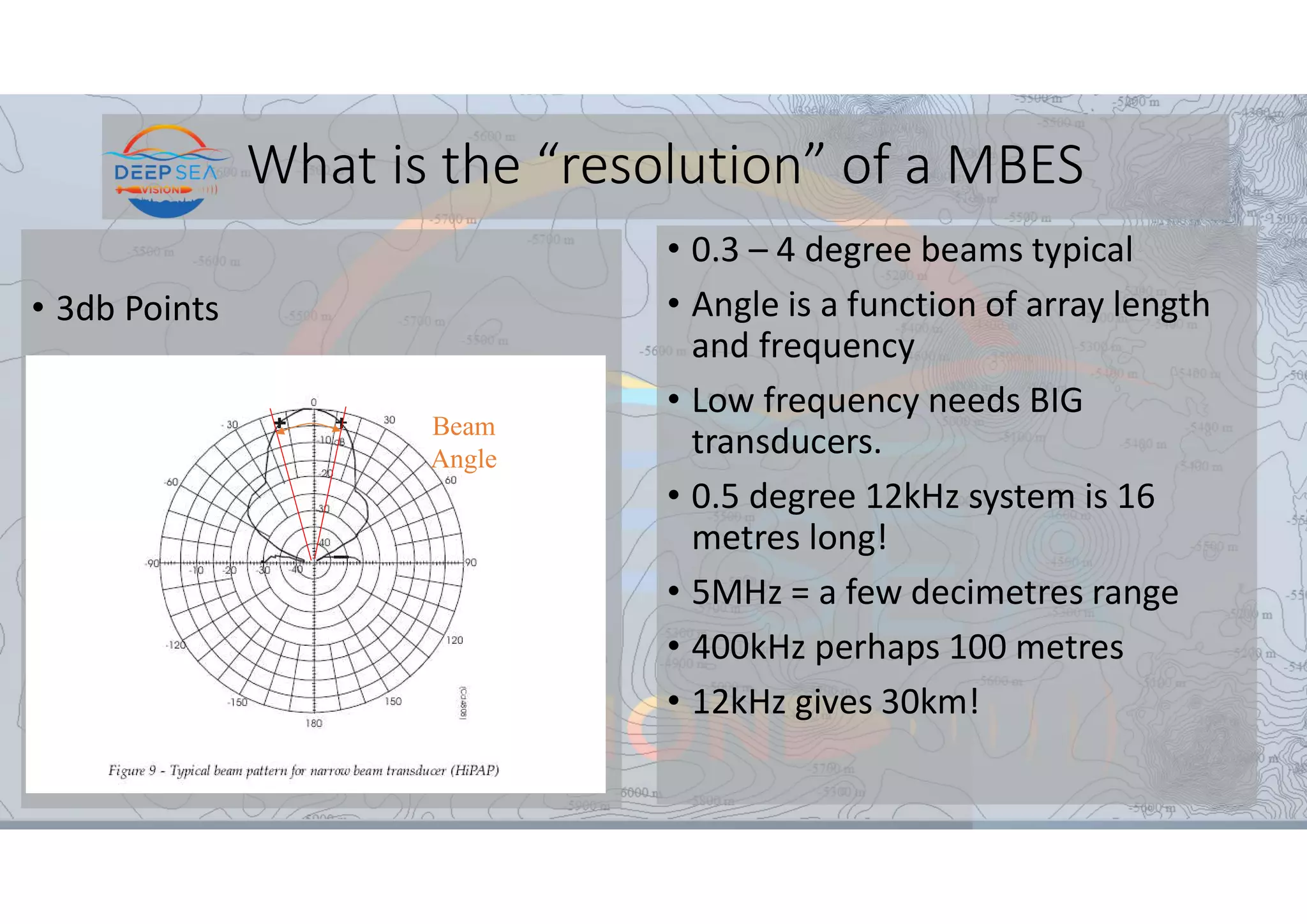 What is the “resolution” of a MBES
• 3db Points
09/05/2023
Beam
Angle
• 0.3 – 4 degree beams typical
• Angle is a function of array length
and frequency
• Low frequency needs BIG
transducers.
• 0.5 degree 12kHz system is 16
metres long!
• 5MHz = a few decimetres range
• 400kHz perhaps 100 metres
• 12kHz gives 30km!
 