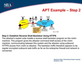 Significant Work. Extraordinary People. Inspiring Excellence. SRA. Step 2: Establish Reverse Shell Backdoor Using HTTPS The attacker's exploit code installs a reverse shell backdoor program on the victim machine. This program gives the attacker command shell access of the victim machine, communicating between this system and the attacker using outbound HTTPS access from victim to attacker. The backdoor traffic therefore appears to be regular encrypted outbound web traffic as far as the enterprise firewall and network is concerned. APT Example – Step 2 Source: SANS  