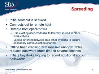 Spreading Initial foothold is secured Connects out to remote host Remote host operator will Use existing user credential to laterally spread to other workstations Load a different malware onto other systems to ensure secondary communication channel Offline hash cracking with massive rainbow tables reduces password crack time to several seconds Initiate keystroke logging to record additional account passwords Significant Work. Extraordinary People.  SRA. 