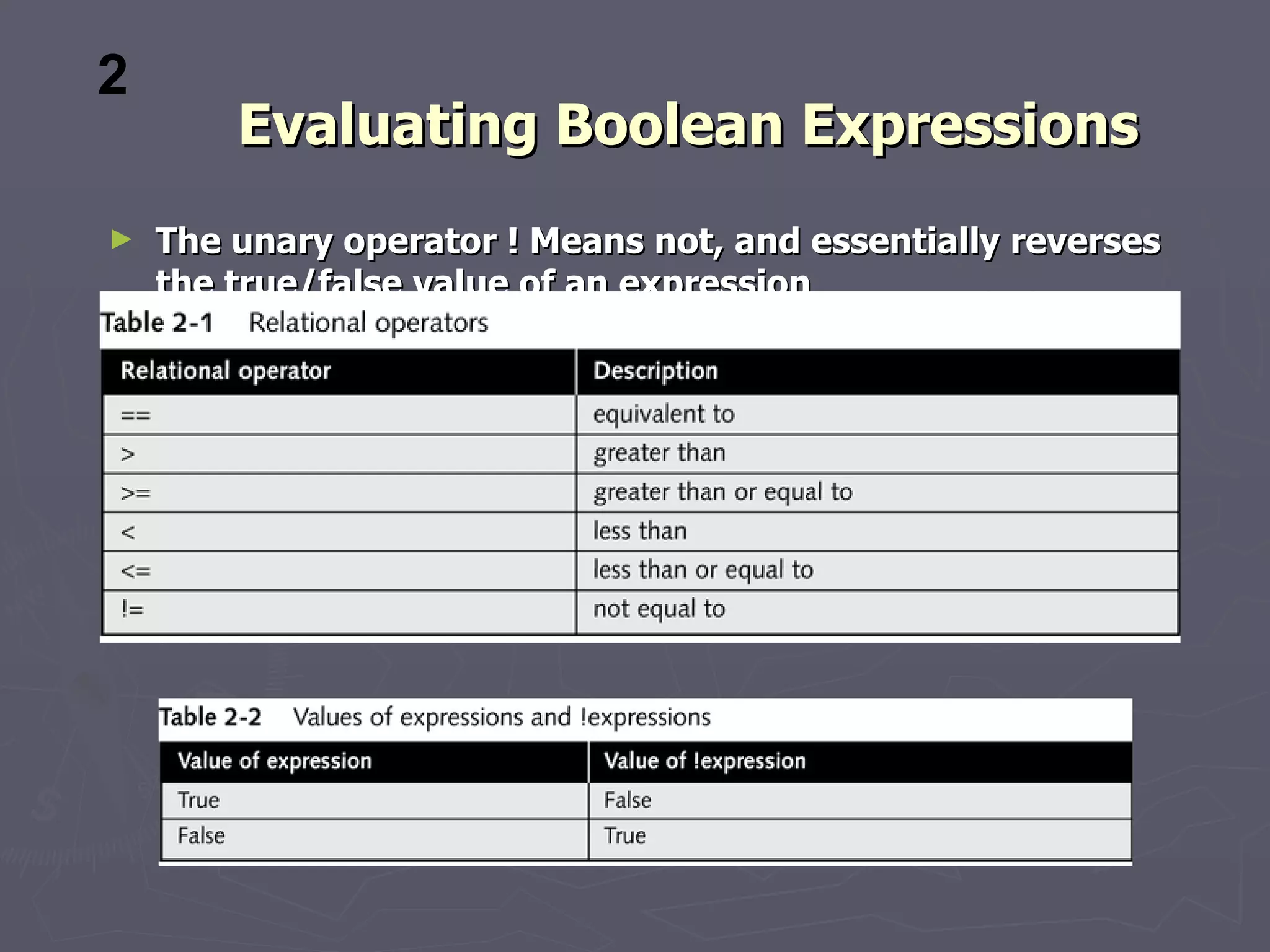 2
        Evaluating Boolean Expressions
►   The unary operator ! Means not, and essentially reverses
    the true/false value of an expression
 