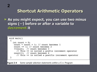2
         Shortcut Arithmetic Operators
►   As you might expect, you can use two minus
    signs (--) before or after a variable to
    decrement it
 