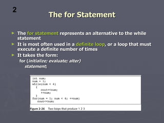 2
                   The for Statement

► The for statement represents an alternative to the while
  statement
► It is most often used in a definite loop, or a loop that must
  execute a definite number of times
► It takes the form:
    for (initialize; evaluate; alter)
       statement;
 