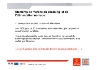 Eléments de marché du snacking et de
l'alimentation nomade

o . un repas sur sept est consommé à l'extérieur

o en 2009, plus de 50 % de ventes sont emportées , par rapport à la
consommation sur place.

o La restauration rapide rentre dans sa deuxième vie, on sort du
hamburger et du sandwich -> bouleversement qui a commencé, mais
ne fait que démarrer.


o « Les Français sont en train de devenir de gros snackeurs … »




              CREALIM , Auch le 9 Mars 2010
 