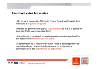 Fast-food, cafés brasseries :

   o On ne parle plus de la « Néphaste Food » On est (déjà) passé de la
   malbouffe à l’équilibre de qualité

   o Montée en gamme de la qualité, la gastronomie se met à la portée de
   tous (les Chefs ouvrent des fast food)

   o La restauration rapide est un mode de consommation à part entière
   elle est souvent choisie et non plus subie.

   o Segmentation de la restauration rapide avec le développement de
   nouvelles offres « moyen/haut de gamme » ou « très chics »,
   correspondant à des opportunités de débouchés .




               CREALIM , Auch le 9 Mars 2010
 