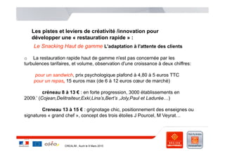 Les pistes et leviers de créativité /innovation pour
    développer une « restauration rapide » :
    Le Snacking Haut de gamme L'adaptation à l'attente des clients

o  La restauration rapide haut de gamme n'est pas concernée par les
turbulences tarifaires, et volume, observation d'une croissance à deux chiffres:

    pour un sandwich, prix psychologique plafond à 4,80 à 5 euros TTC
    pour un repas, 15 euros max (de 6 à 12 euros cœur de marché)

         créneau 8 à 13 € : en forte progression, 3000 établissements en
2009.’ (Cojean,Delitraiteur,Exki,Lina’s,Bert’s ,Joly,Paul et Ladurée…)

        Creneau 13 à 15 € : grignotage chic, positionnement des enseignes ou
signatures « grand chef », concept des trois étoiles J Pourcel, M Veyrat…



…
                   CREALIM , Auch le 9 Mars 2010
 