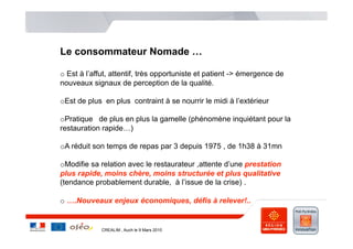 Le consommateur Nomade …

o  Est à l’affut, attentif, très opportuniste et patient -> émergence de
nouveaux signaux de perception de la qualité.

o Est de plus en plus contraint à se nourrir le midi à l’extérieur

o Pratique de plus en plus la gamelle (phénomène inquiétant pour la
restauration rapide…)

o A réduit son temps de repas par 3 depuis 1975 , de 1h38 à 31mn

o Modifie sa relation avec le restaurateur ,attente d’une prestation
plus rapide, moins chère, moins structurée et plus qualitative
(tendance probablement durable, à l’issue de la crise) .

o  ….Nouveaux enjeux économiques, défis à relever!..


             CREALIM , Auch le 9 Mars 2010
 