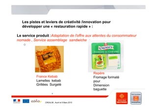 Les pistes et leviers de créativité /innovation pour
   développer une « restauration rapide » :

Le service produit :Adaptation de l'offre aux attentes du consommateur
nomade , Service assemblage sandwiche :
   o 




                                                Repère
           France Kebab                         Fromage formaté
           Lamelles kebab                       pour
           Grillées Surgelé                     Dimension
                                                baguette


                CREALIM , Auch le 9 Mars 2010
 