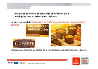Les pistes et leviers de créativité /innovation pour
   développer une « restauration rapide » :

Le service produit :Adaptation de l'offre aux attentes du consommateur
nomade :




Tartinables de légumes ou rillettes de la mer,pasteurisées,à tartiner ou à « dipper »




                   CREALIM , Auch le 9 Mars 2010
 