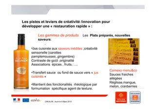 Les pistes et leviers de créativité /innovation pour
développer une « restauration rapide » :

         Les gammes de produits               Les Plats préparés, nouvelles
         saveurs:
             .
     o … cuisinée aux saveurs inédites ,créativité
     • Jus
     sensorielle (carottes
     pamplemousses ,gingembre)
     Contraste de goût ,originalité
     Associations épices , fruits, ….
                                                              Comexo menu&co
     • Transfert sauce ou fond de sauce vers « jus
                                                              Sauces fraiches
     cuisinés »
                                                              allégées
                                                              Réglisse,mangue,
     • Mantient des fonctionalités rhéologique par
                                                              melon, cranberries
     formumation spécifique agent de texture.


              CREALIM , Auch le 9 Mars 2010
 