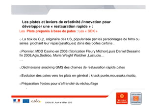 Les pistes et leviers de créativité /innovation pour
 développer une « restauration rapide » :
Les Plats préparés à base de pates : Les « BOX »

o  La box ou Cup, originaire des US, popularisée par les personnages de films ou
séries piochant leur repas(asiatiques) dans des boites cartons .

o Pionnier, MDD Casino en 2008 (fabrication Fleury Michon),puis Daniel Dessaint
fin 2008,Agis,Sodebo, Marie,Weight Watcher ,Lustucru…
…

o Déclinaisons snacking GMS des chaines de restauration rapide pates

o Evolution des pates vers les plats en général ; knack purée,moussaka,risotto,

o Préparation froides pour s’affranchir du réchauffage
     .



                 CREALIM , Auch le 9 Mars 2010
 