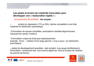 Les pistes et leviers de créativité /innovation pour
   développer une « restauration rapide » :
    Les gammes de produits :les soupes ,

o         produit en régression (-7% en DA), matrice compatible à une forte
créativité en distribution automatique.

o Formulation de soupes complètes, associations céréales légumineuses,
marquant de viande, croûtons.

o Formulation à base de fruits pour épaississement
exemple : Knorr , création d'une large gamme « Cup a soup » en distribution
automatique,

o  pistes de développement possibles ; plat complet (une soupe lentille/bacon).
Formulation comprenant des fruit comme apport de liant (à la place de l’amidon
de pomme de terres)…
…

                   CREALIM , Auch le 9 Mars 2010
 